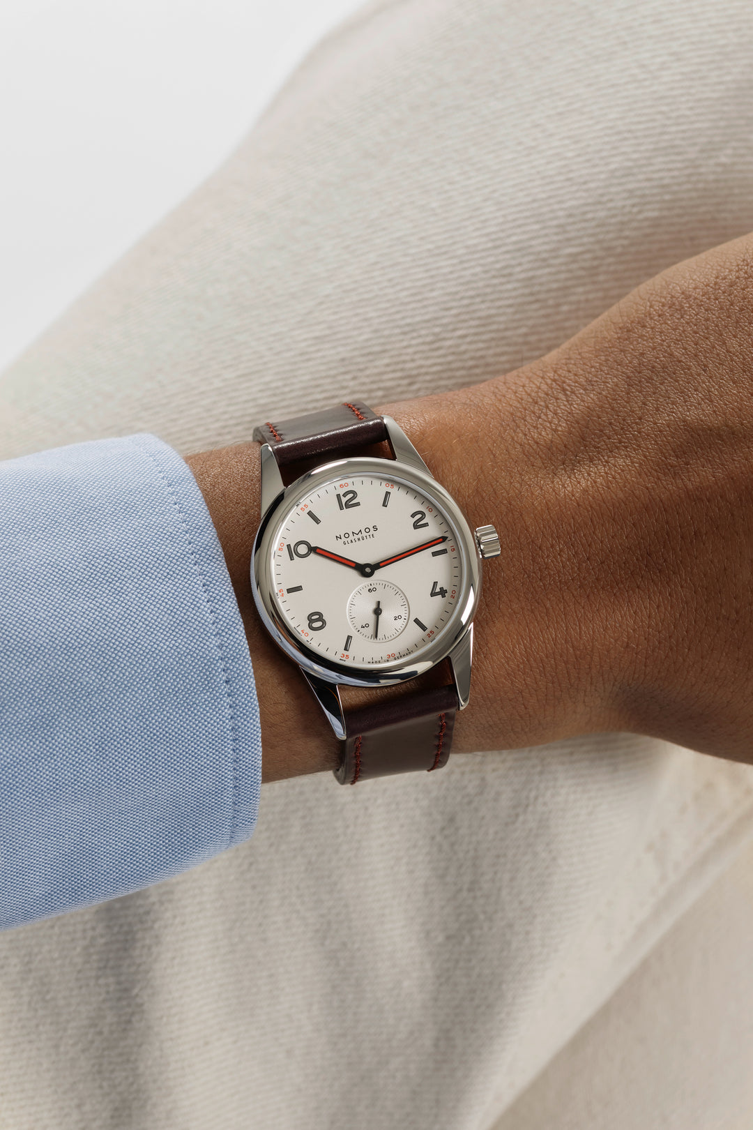 NOMOS Club 36mm Galvanized, white silver-plated Dial Brown, red stitching Horween Genuine Shell Cordovan Strap