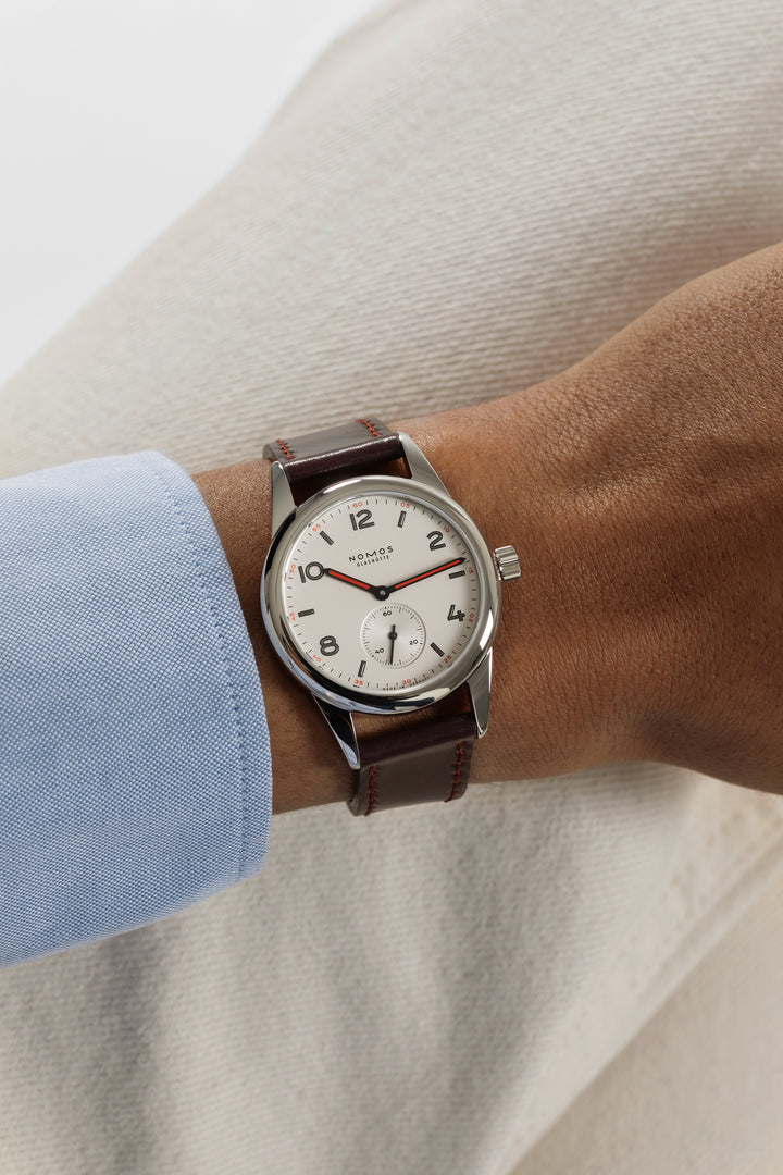 NOMOS Club 36mm Galvanized, white silver-plated Dial Brown, red stitching Horween Genuine Shell Cordovan Strap