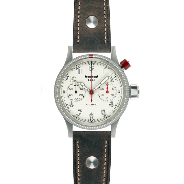 Hanhart PIONEER Mk I 40mm White Dial Dark Brown Strap