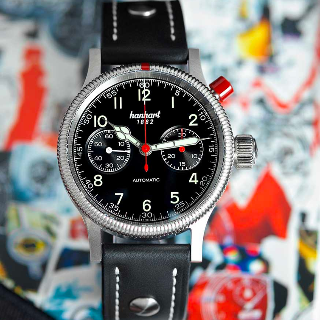 Hanhart PIONEER Mk I 40mm Black Dial Black Strap