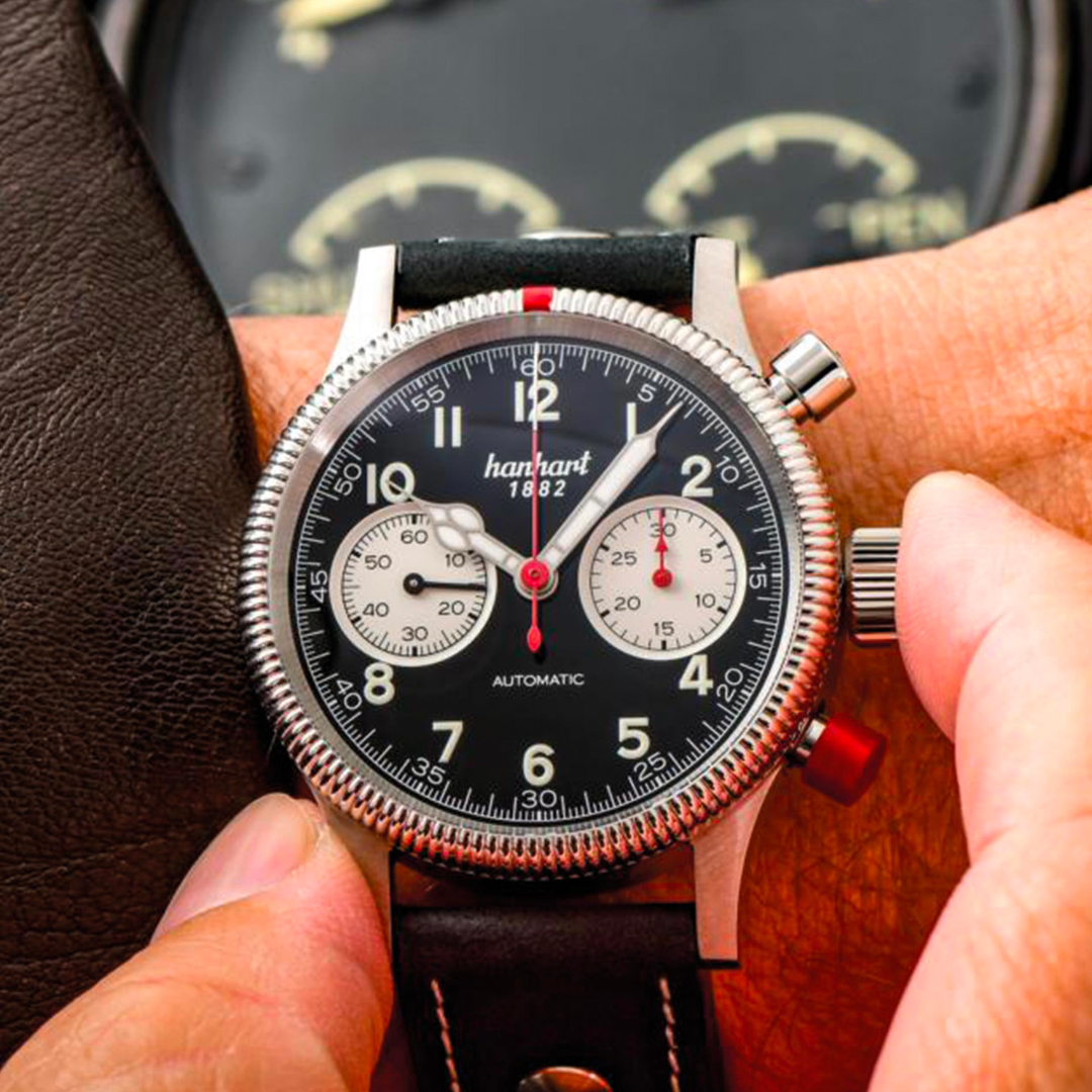 Hanhart PIONEER Mk II Reverse Panda 40mm Black Dial Black Strap
