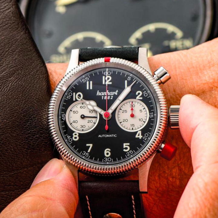 Hanhart PIONEER Mk II Reverse Panda 40mm Black Dial Black Strap