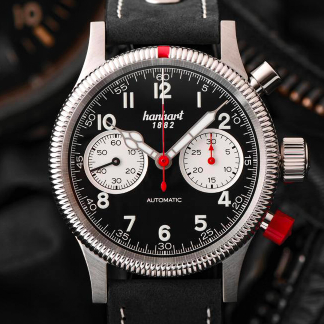 Hanhart PIONEER Mk II Reverse Panda 40mm Black Dial Black Strap