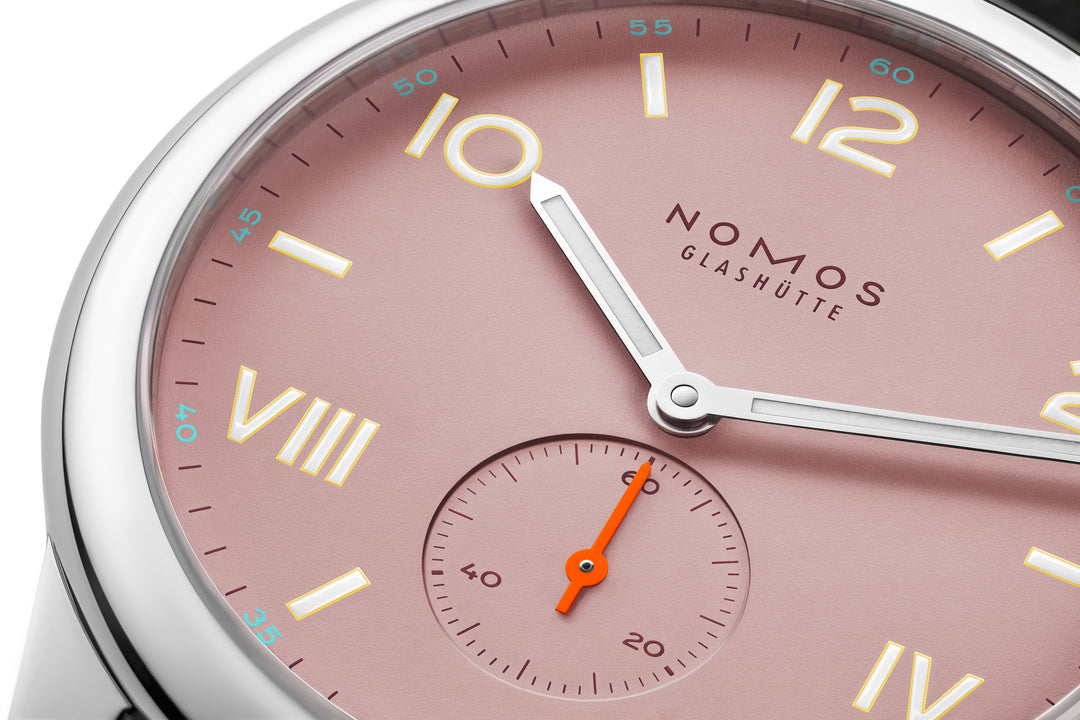 NOMOS Club Campus 38.5mm Rose Dial Anthracite Vegan velour, remborded Strap