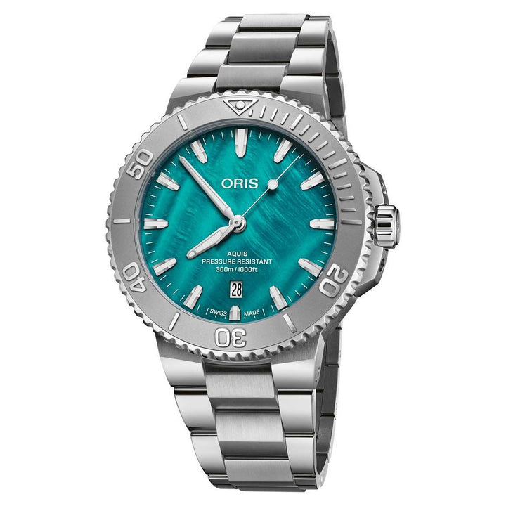 Oris Auqis New York Harbor II 43.5mm Aqua green MOP Dial Silver Steel Bracelet