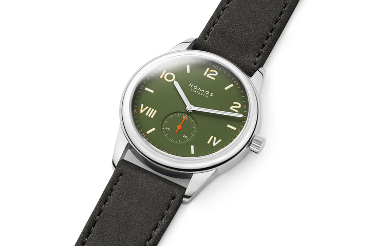 NOMOS Club Campus 38.5mm Olive green Dial Anthracite Vegan velour, remborded Strap