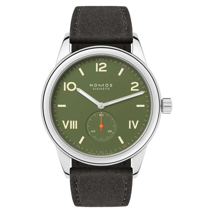 NOMOS Club Campus 38.5mm Olive green Dial Anthracite Vegan velour, remborded Strap