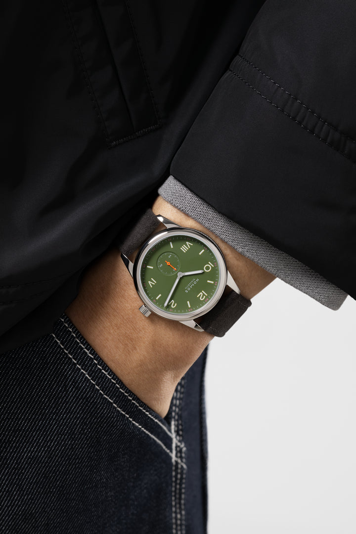 NOMOS Club Campus 38.5mm Olive green Dial Anthracite Vegan velour, remborded Strap