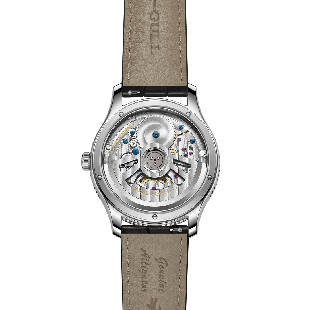 Seagull Tourbillon 42mm Silver-White Dial Black Crocodile Strap
