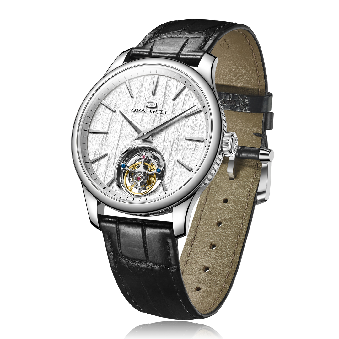 Seagull Tourbillon 42mm Silver-White Dial Black Crocodile Strap