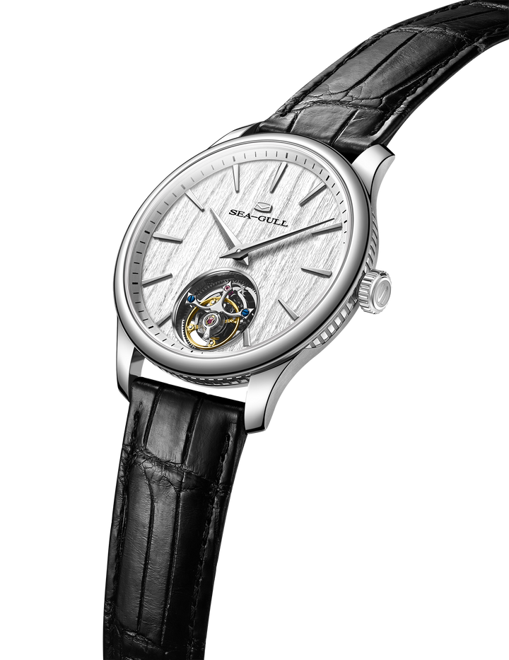 Seagull Tourbillon 42mm Silver-White Dial Black Crocodile Strap