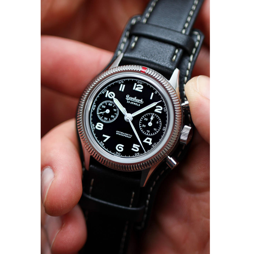 Hanhart 417 ES 1954 39mm Black Dial Black Strap