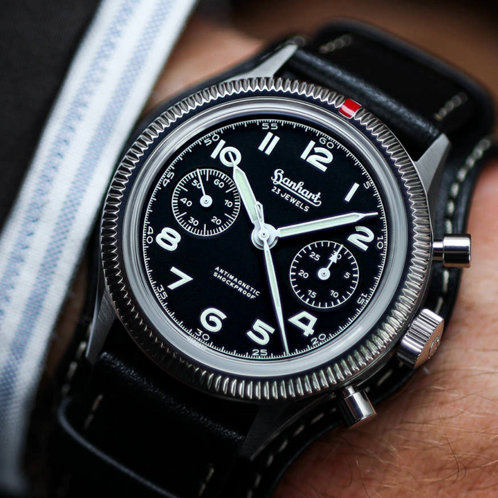 Hanhart 417 ES 1954 39mm Black Dial Black Strap