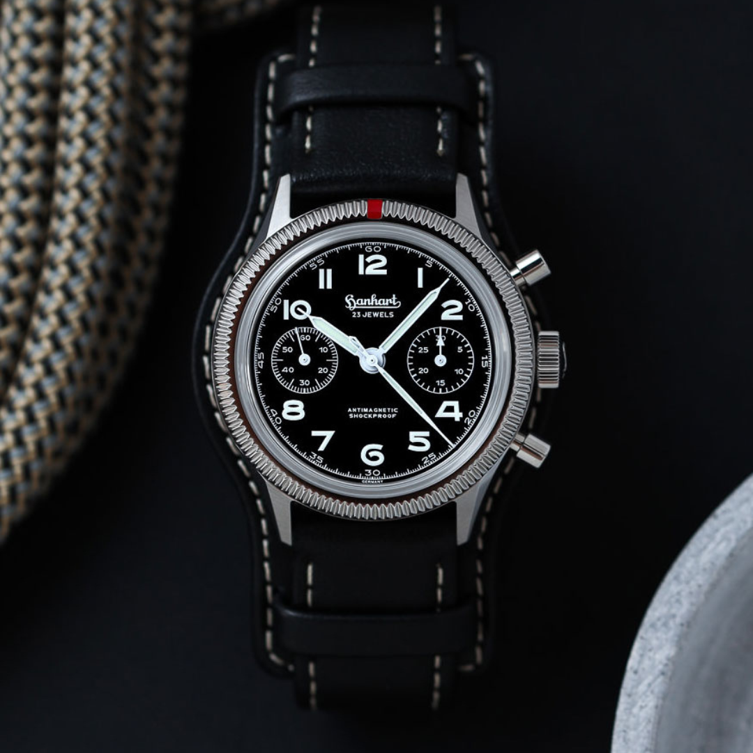 Hanhart 417 ES 1954 39mm Black Dial Black Strap