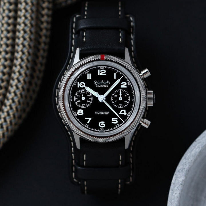 Hanhart 417 ES 1954 39mm Black Dial Black Strap