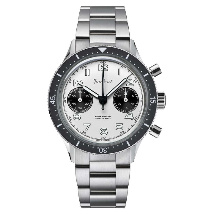 Hanhart 415 ES Panda 39mm White Dial Silver Steel Bracelet