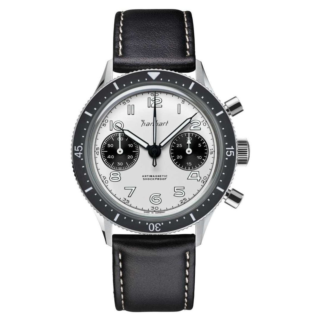 Hanhart 415 ES Panda 39mm White Dial Black Strap