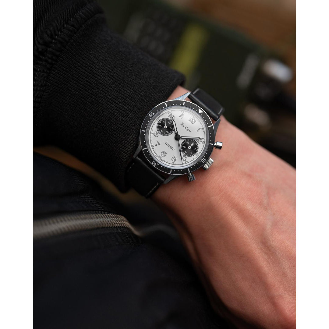 Hanhart 415 ES Panda 39mm White Dial Black Strap