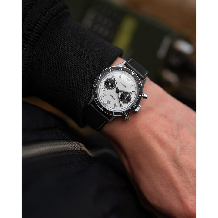 Hanhart 415 ES Panda 39mm White Dial Black Strap