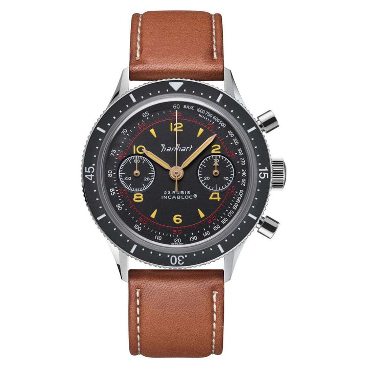Hanhart 415 ES 39mm Black Dial Brown Strap