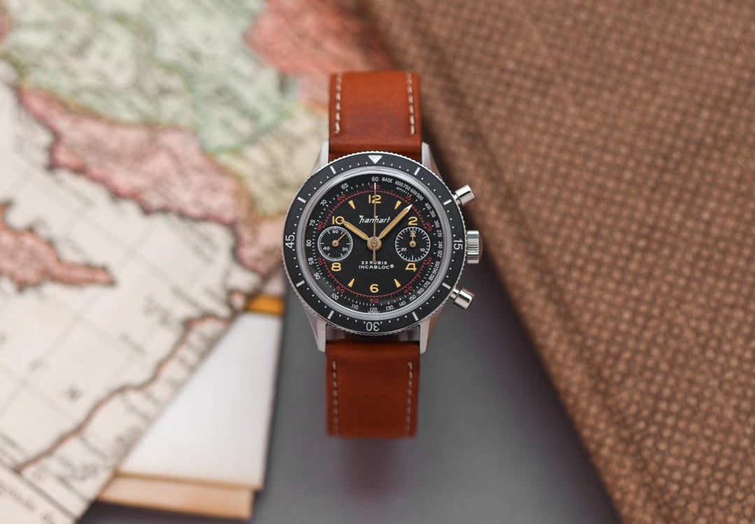 Hanhart 415 ES 39mm Black Dial Brown Strap