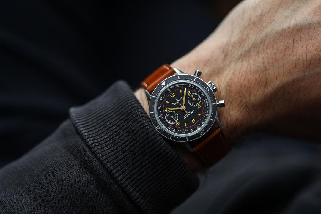 Hanhart 415 ES 39mm Black Dial Brown Strap