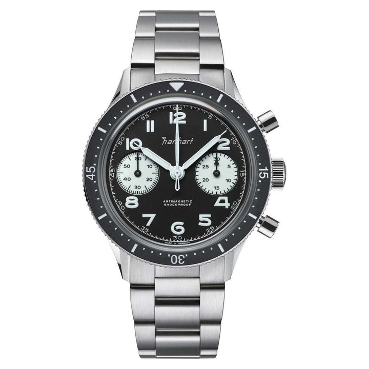 Hanhart 415 ES Reverse Panda 39mm Black Dial Silver Steel Bracelet