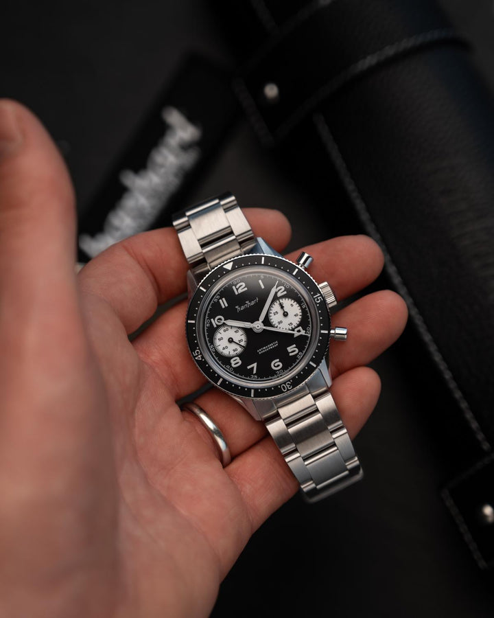Hanhart 415 ES Reverse Panda 39mm Black Dial Silver Steel Bracelet