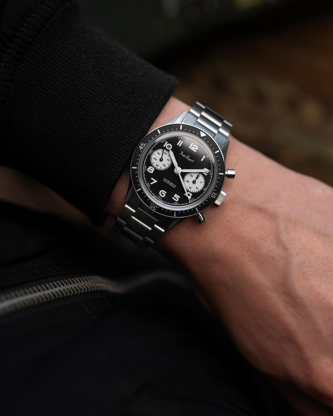 Hanhart 415 ES Reverse Panda 39mm Black Dial Silver Steel Bracelet