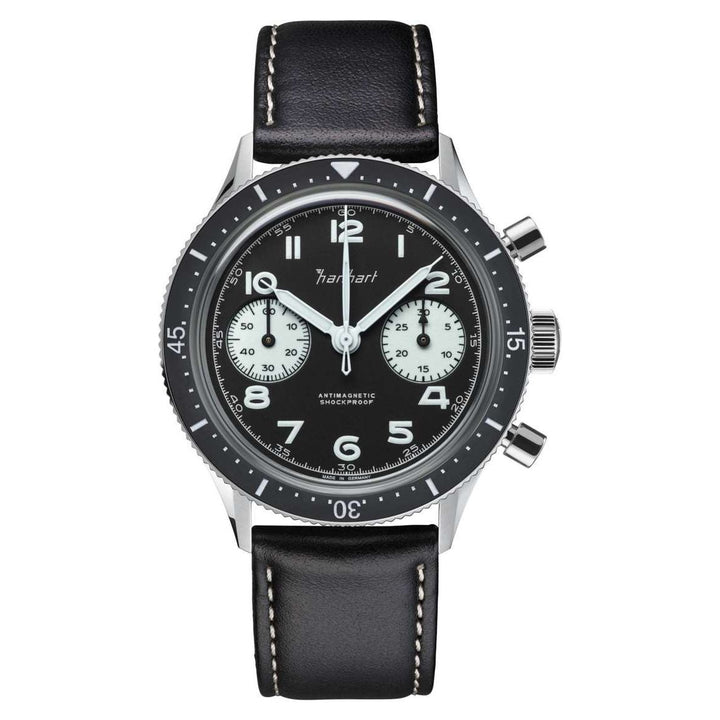 Hanhart 415 ES Reverse Panda 39mm Black Dial Black Strap