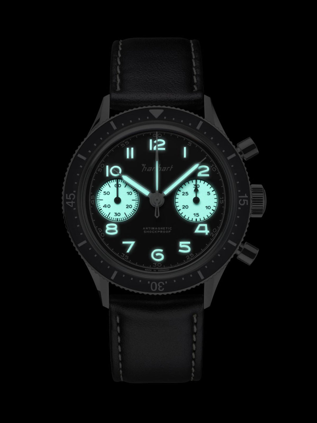 Hanhart 415 ES Reverse Panda 39mm Black Dial Black Strap