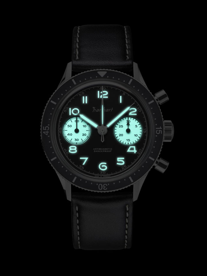 Hanhart 415 ES Reverse Panda 39mm Black Dial Black Strap