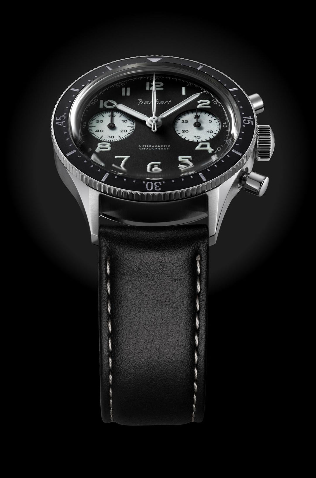 Hanhart 415 ES Reverse Panda 39mm Black Dial Black Strap
