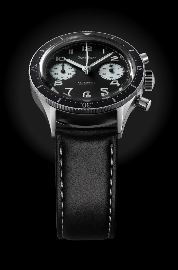Hanhart 415 ES Reverse Panda 39mm Black Dial Black Strap