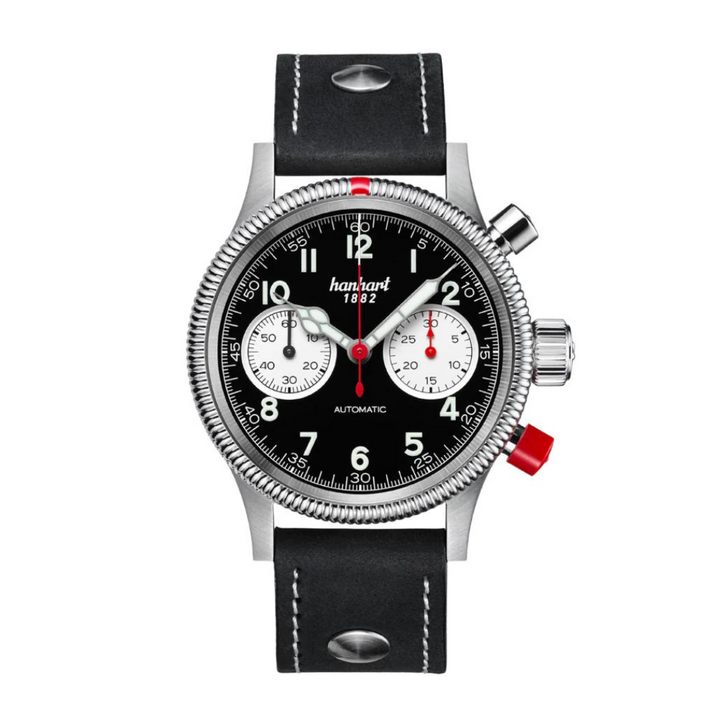 Hanhart PIONEER Mk II Reverse Panda 40mm Black Dial Black Strap