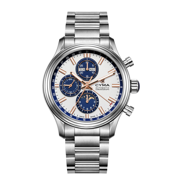 Cyma Grand Maestro The Chess Collection 43.5mm Silver white vertical hairline dial &amp; dark blue color sub-dials Dial Silver Steel Bracelet